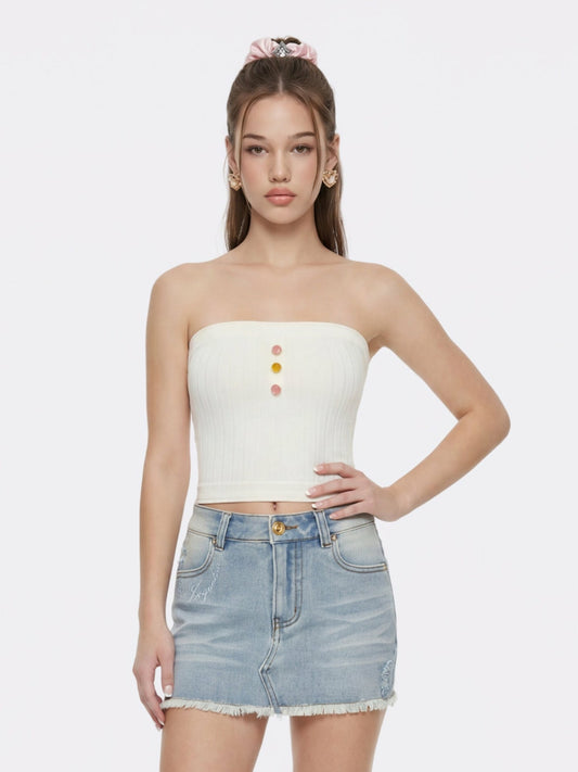 White Knit Tube Top with Gemstone Buttons - Nana Jacqueline