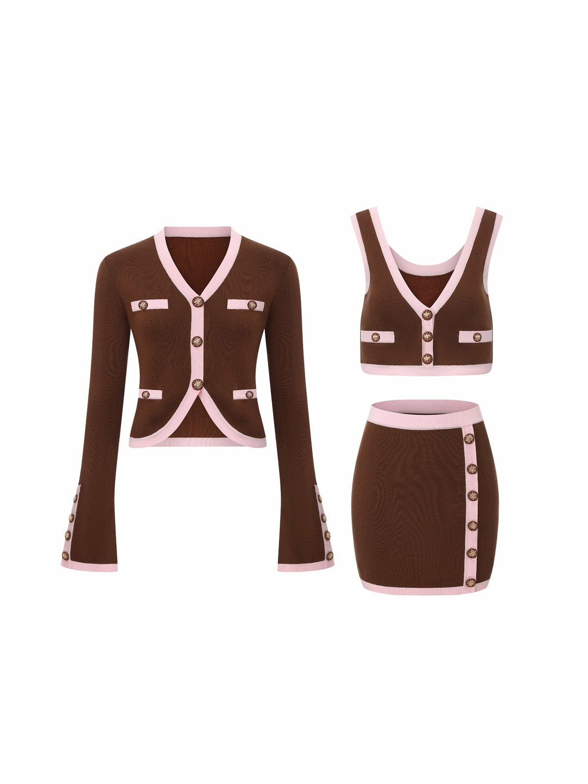 Brown Contrast-Trim Knit Three-Piece Set - Nana Jacqueline