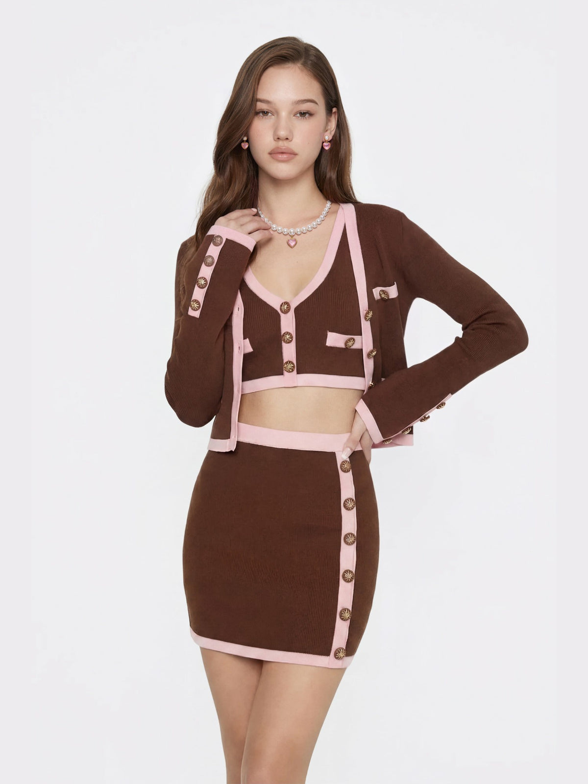 Brown Contrast-Trim Knit Three-Piece Set - Nana Jacqueline