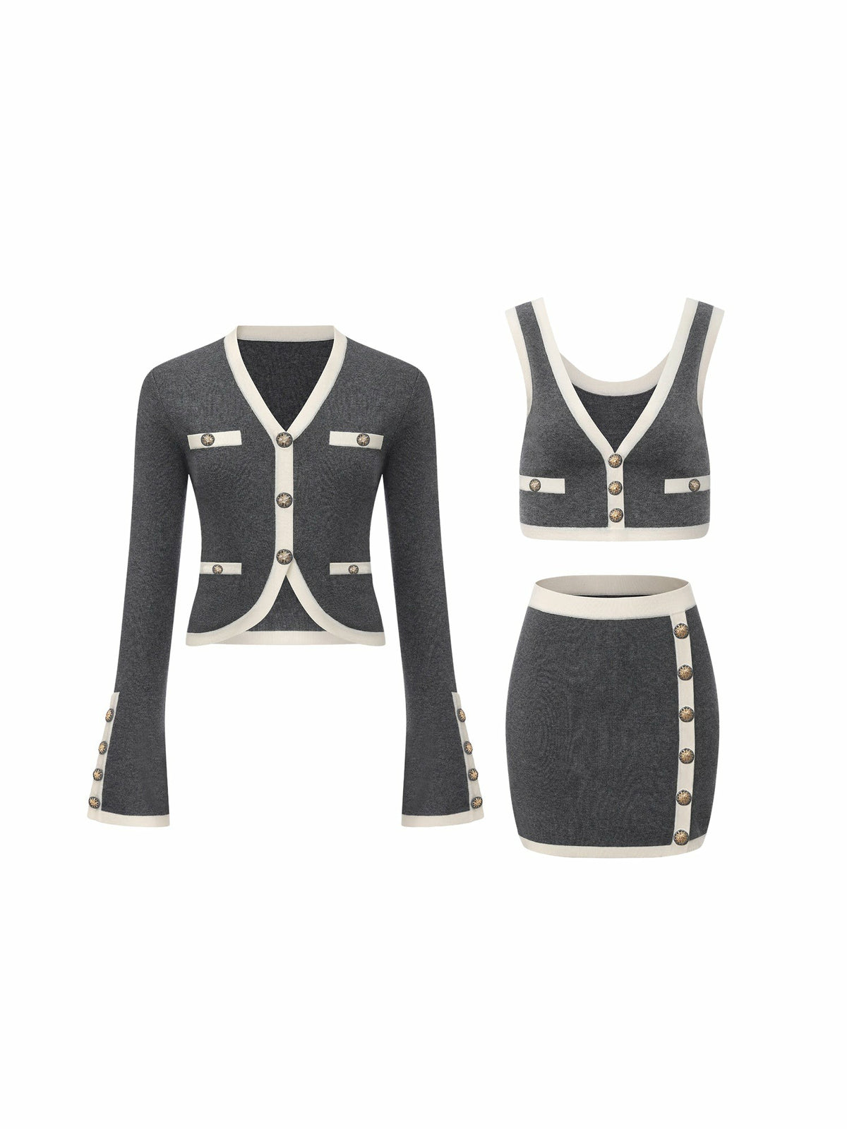 Grey Contrast-Trim Knit Three-Piece Set – Grey - Nana Jacqueline