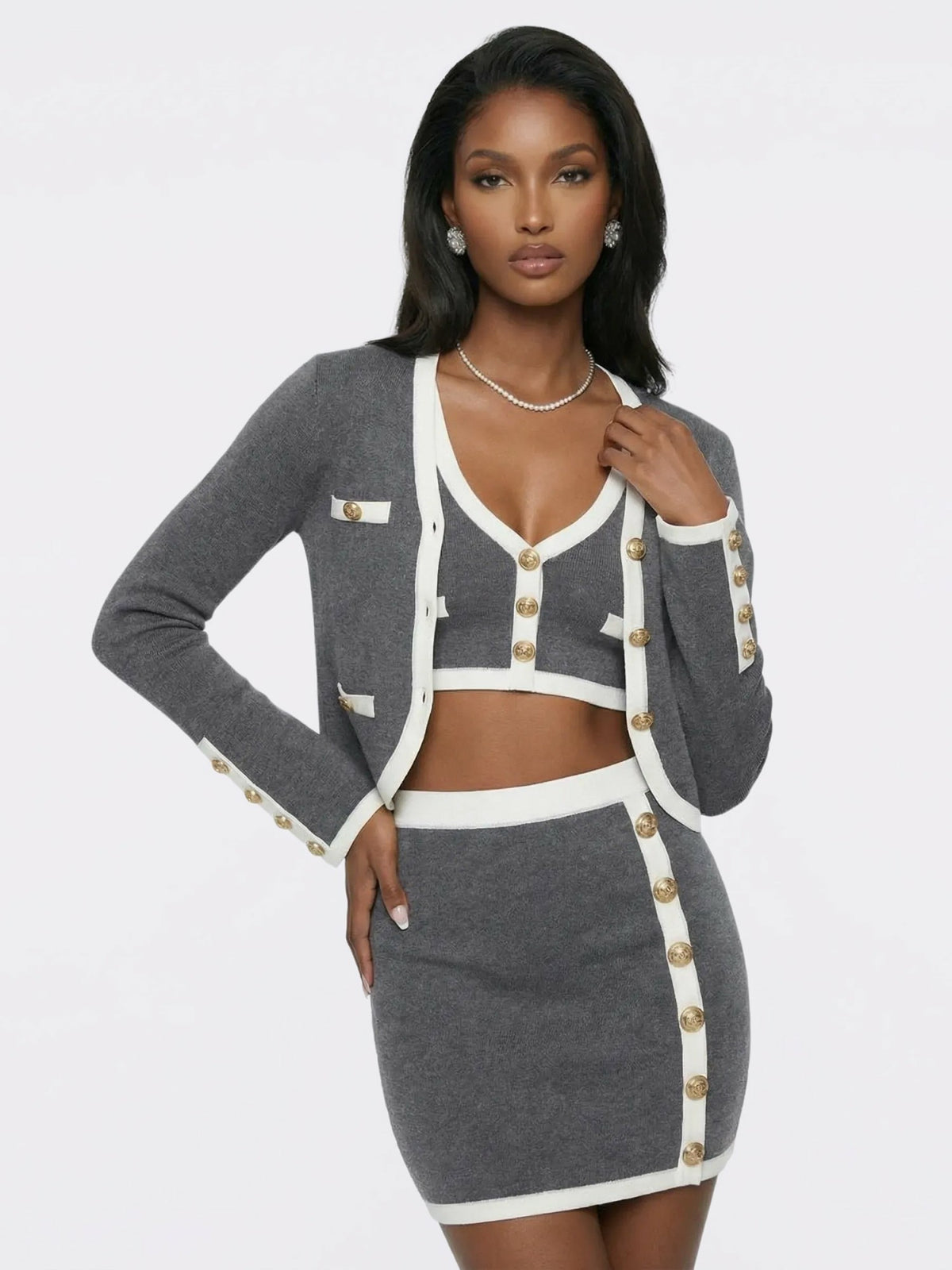 Grey Contrast-Trim Knit Three-Piece Set – Grey - Nana Jacqueline