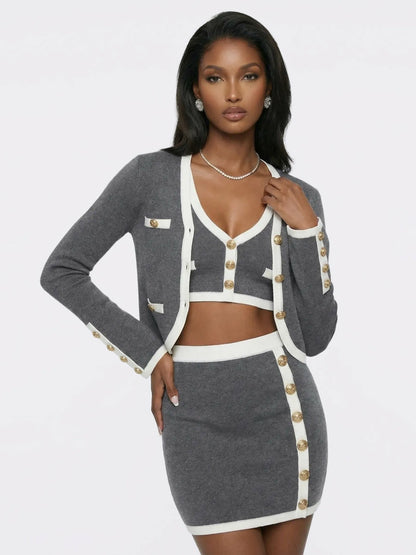 Grey Contrast-Trim Knit Three-Piece Set – Grey - Nana Jacqueline