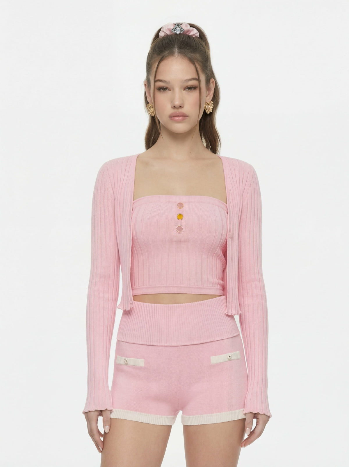 Pink Cropped Ribbed Knit Cardigan - Nana Jacqueline