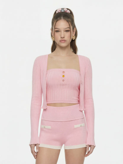 Pink Cropped Ribbed Knit Cardigan - Nana Jacqueline