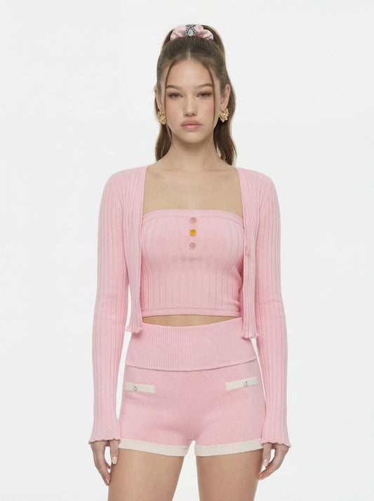 Pink Cropped Ribbed Knit Cardigan - Nana Jacqueline
