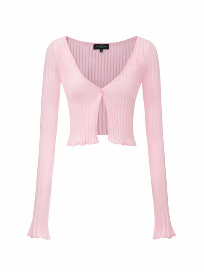 Pink Cropped Ribbed Knit Cardigan - Nana Jacqueline