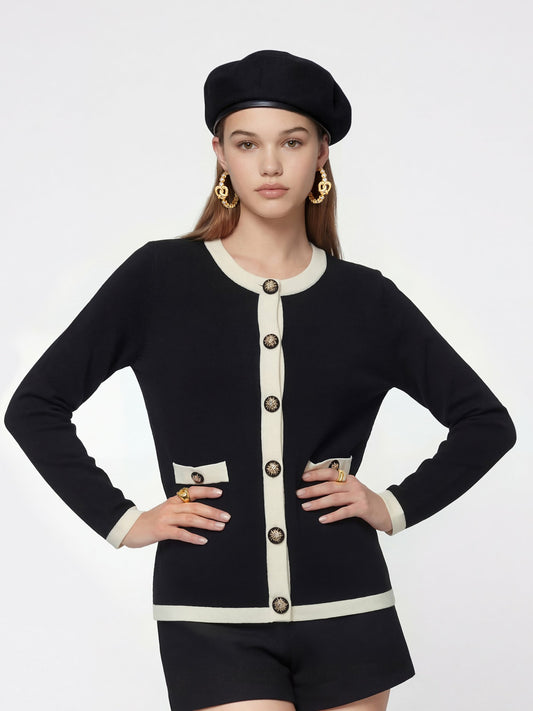 Yvette Contrast Knit Black Cardigan: Black Cardigan for Weekend Brunch - Nana Jacqueline
