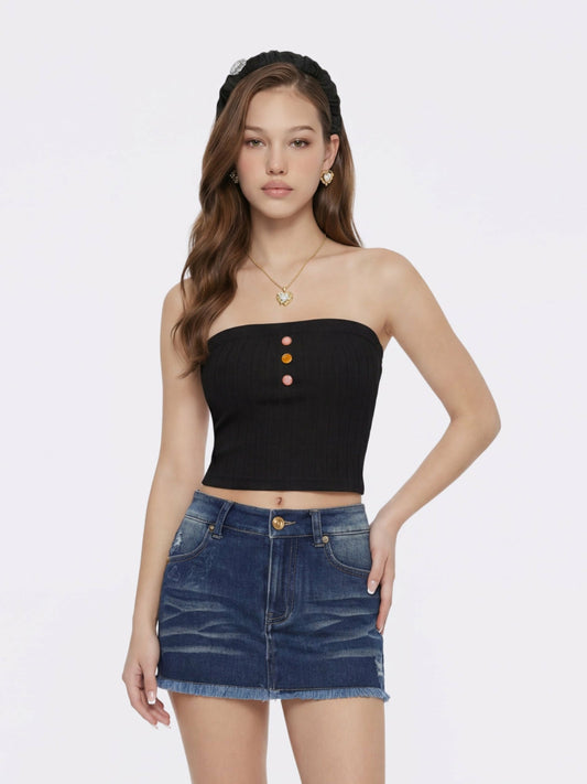 Black Strapless Knit Top with Gemstone Buttons - Nana Jacqueline