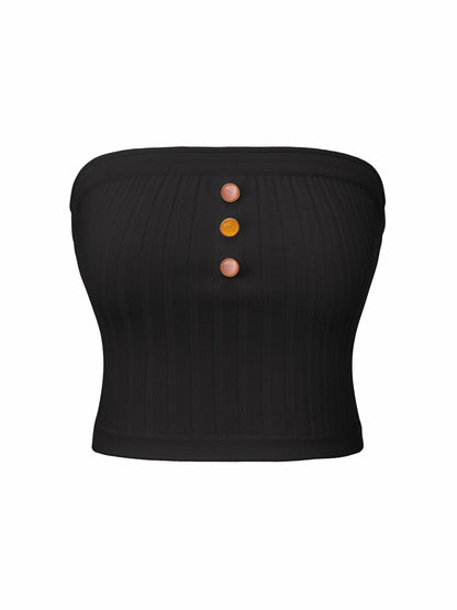 Black Strapless Knit Top with Gemstone Buttons - Nana Jacqueline