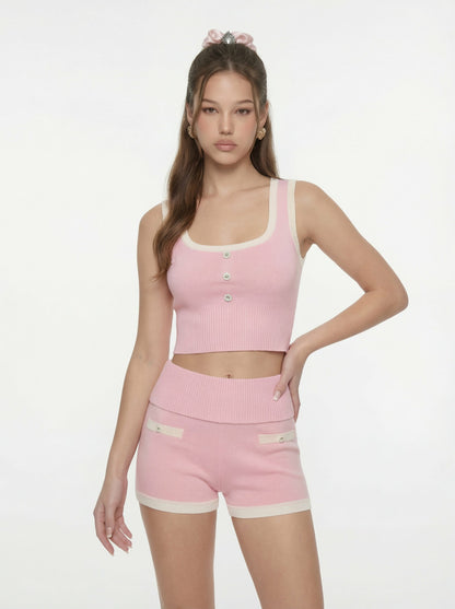 Pink Contrast-Trim Knit Vest with Pearl Buttons - Nana Jacqueline