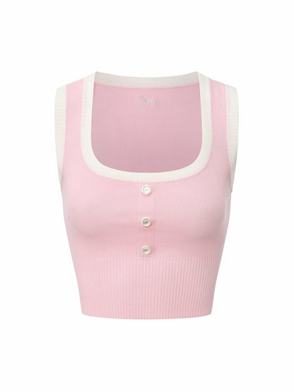 Pink Contrast-Trim Knit Vest with Pearl Buttons - Nana Jacqueline
