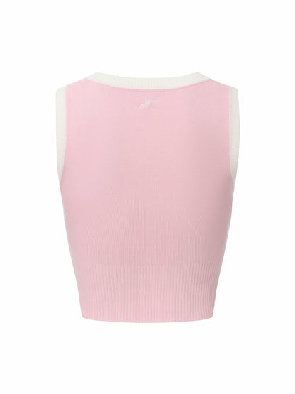 Pink Contrast-Trim Knit Vest with Pearl Buttons - Nana Jacqueline