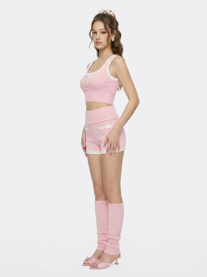 Pink Contrast-Trim Knit Vest with Pearl Buttons - Nana Jacqueline