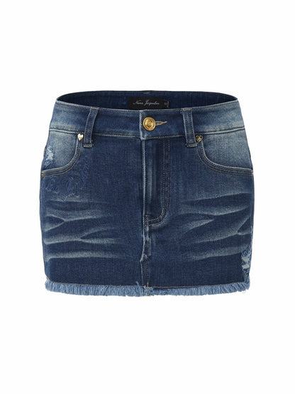 Dark Blue Low-Rise Stretch Denim Mini Skirt - Nana Jacqueline