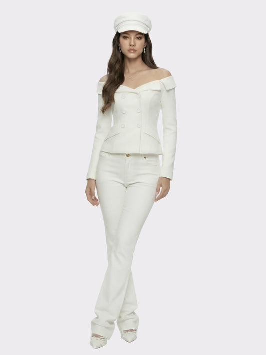 High-Waist White Denim Jeans with Crystal Detail - Nana Jacqueline