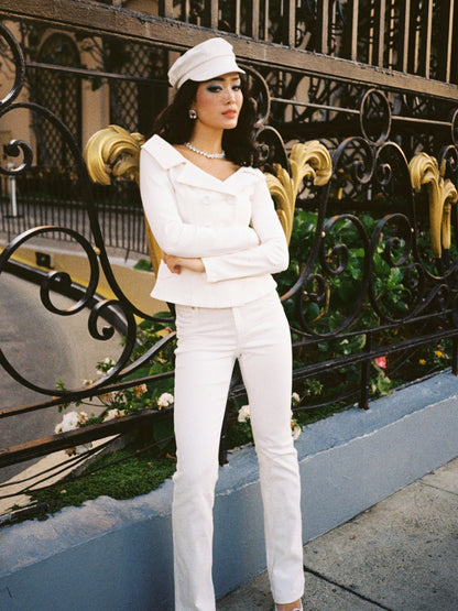 High-Waist White Denim Jeans with Crystal Detail - Nana Jacqueline