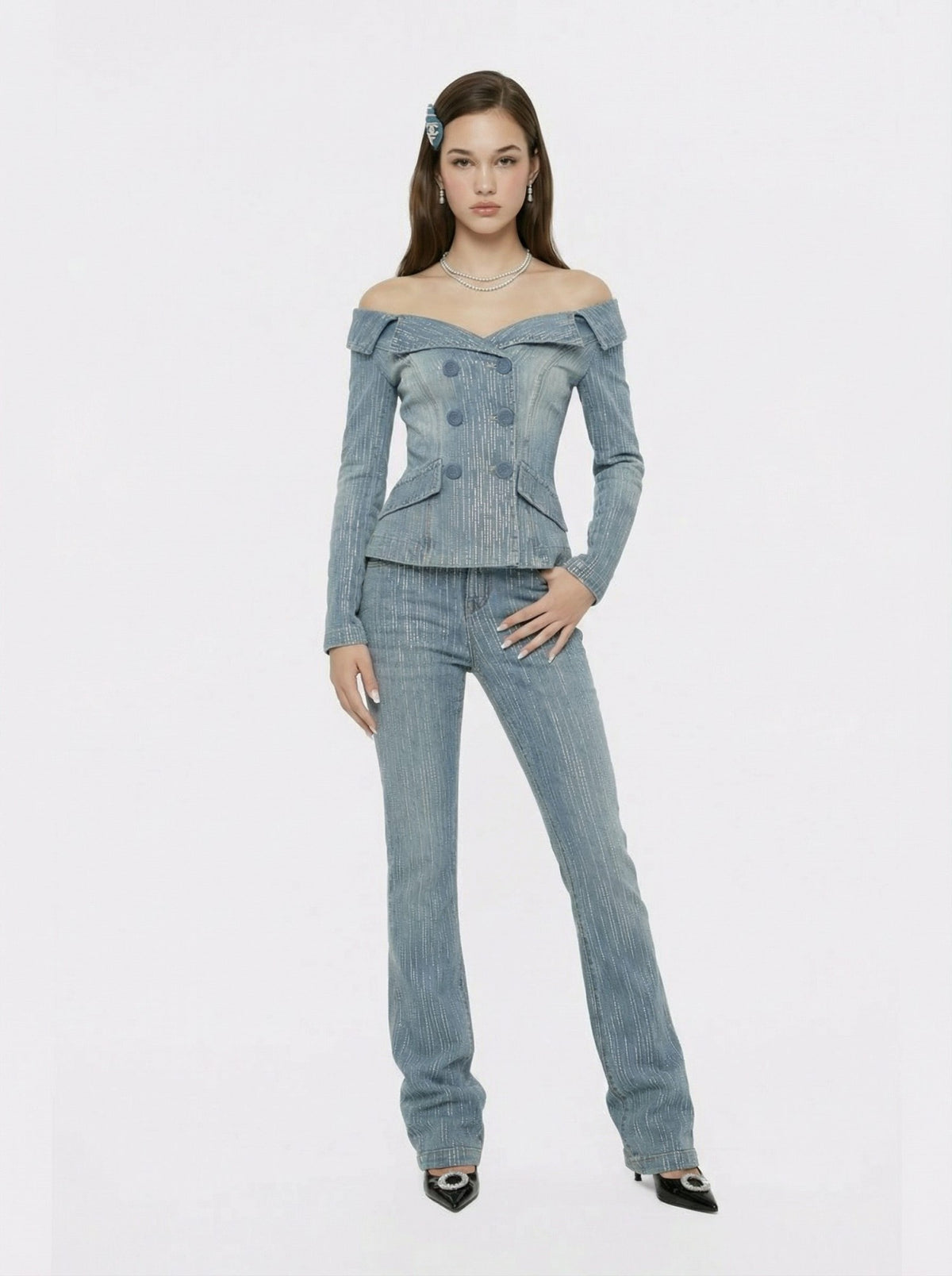 High-Waist Blue Denim Jeans with Crystal Detail - Nana Jacqueline