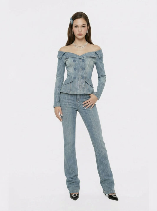 High-Waist Blue Denim Jeans with Crystal Detail - Nana Jacqueline