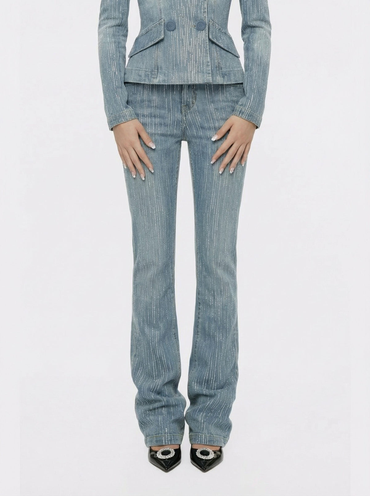 High-Waist Blue Denim Jeans with Crystal Detail - Nana Jacqueline
