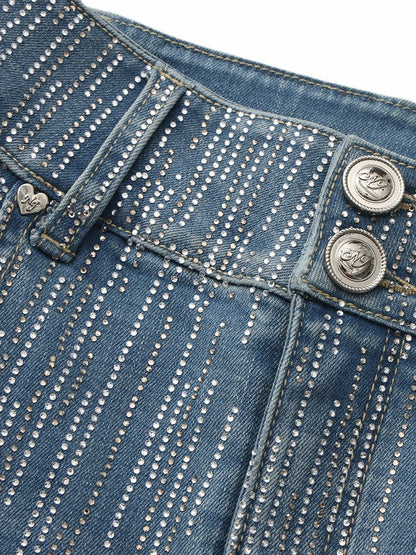 High-Waist Blue Denim Jeans with Crystal Detail - Nana Jacqueline