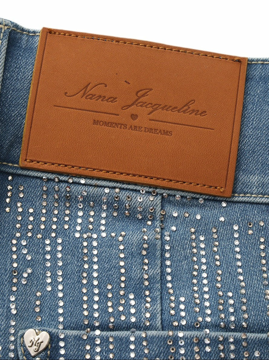 High-Waist Blue Denim Jeans with Crystal Detail - Nana Jacqueline