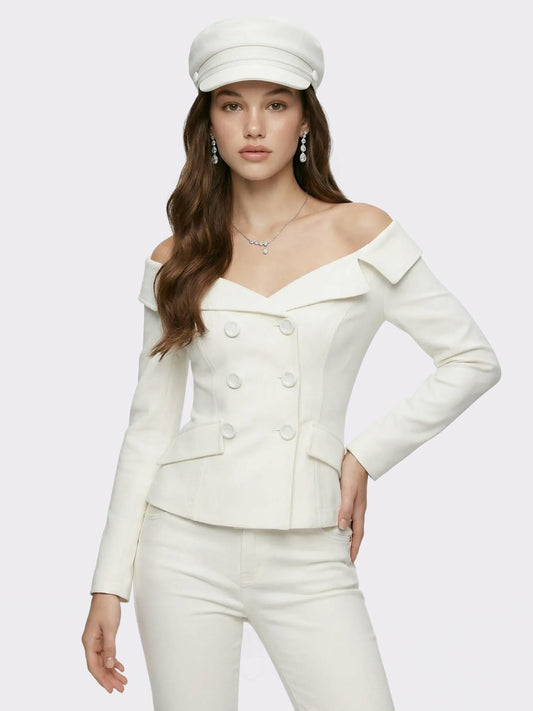 White Denim Double-Breasted Tailored Top - Nana Jacqueline