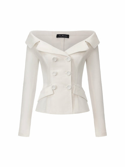 White Denim Double-Breasted Tailored Top - Nana Jacqueline