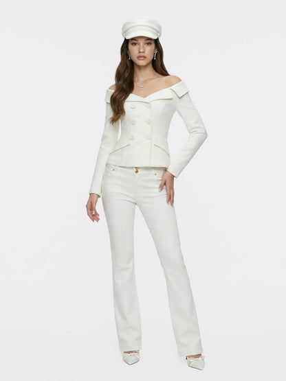 White Denim Double-Breasted Tailored Top - Nana Jacqueline