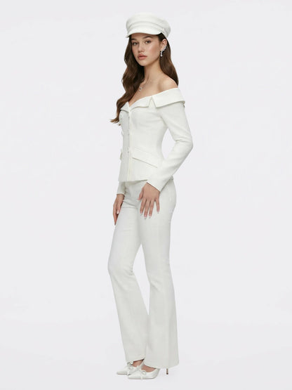 White Denim Double-Breasted Tailored Top - Nana Jacqueline
