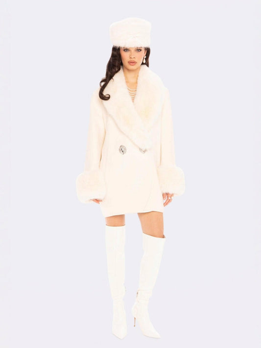 Althea Faux Fur Collar Cocoon Coat: White Coat for Winter Party - Nana Jacqueline