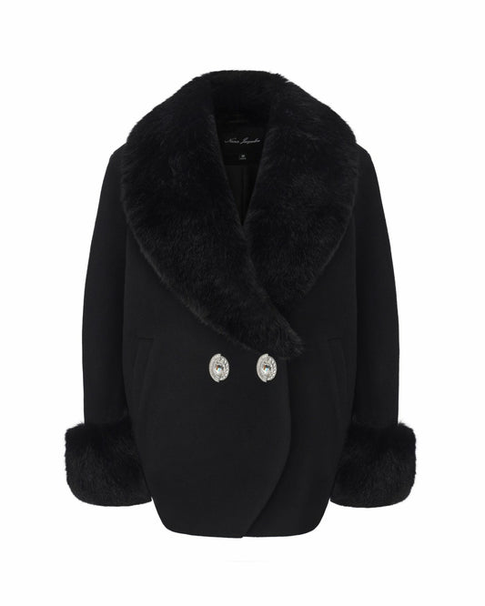 Althea Faux Fur Collar Cocoon Coat: Black Coat for Winter Evening Event - Nana Jacqueline