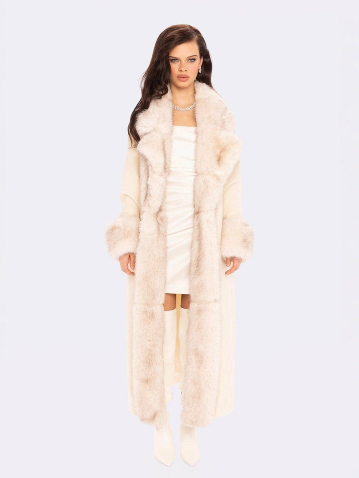 Adriana Faux Fur Coat: Off White Coat for Winter Formal Event - Nana Jacqueline