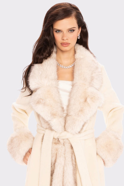 Adriana Faux Fur Coat: Off White Coat for Winter Formal Event - Nana Jacqueline