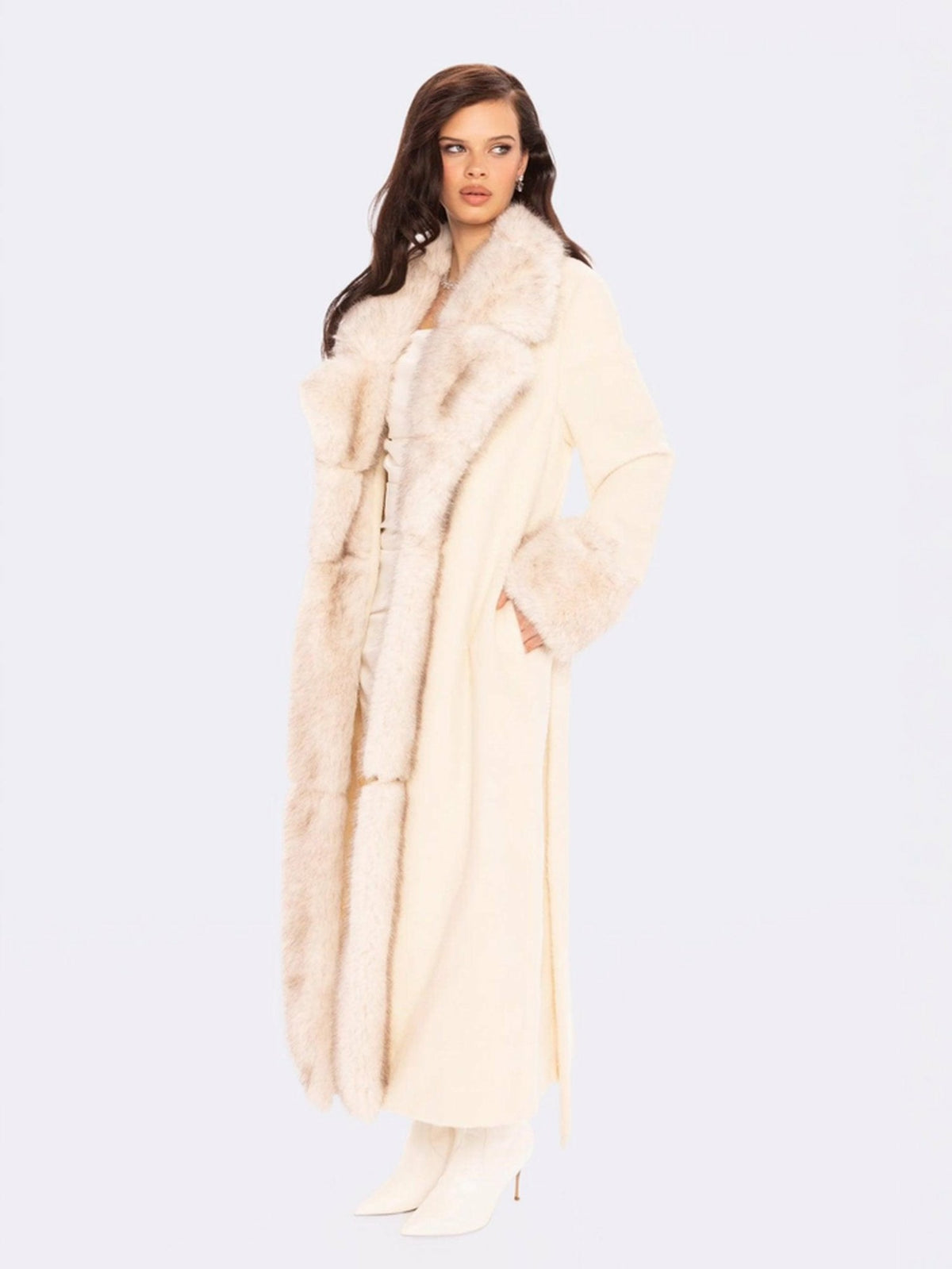 Adriana Faux Fur Coat: Off White Coat for Winter Formal Event - Nana Jacqueline