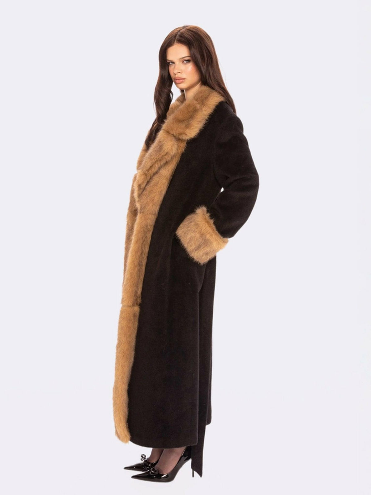 Adriana Faux Fur Coat: Black Long Coat for Cocktail Party - Nana Jacqueline