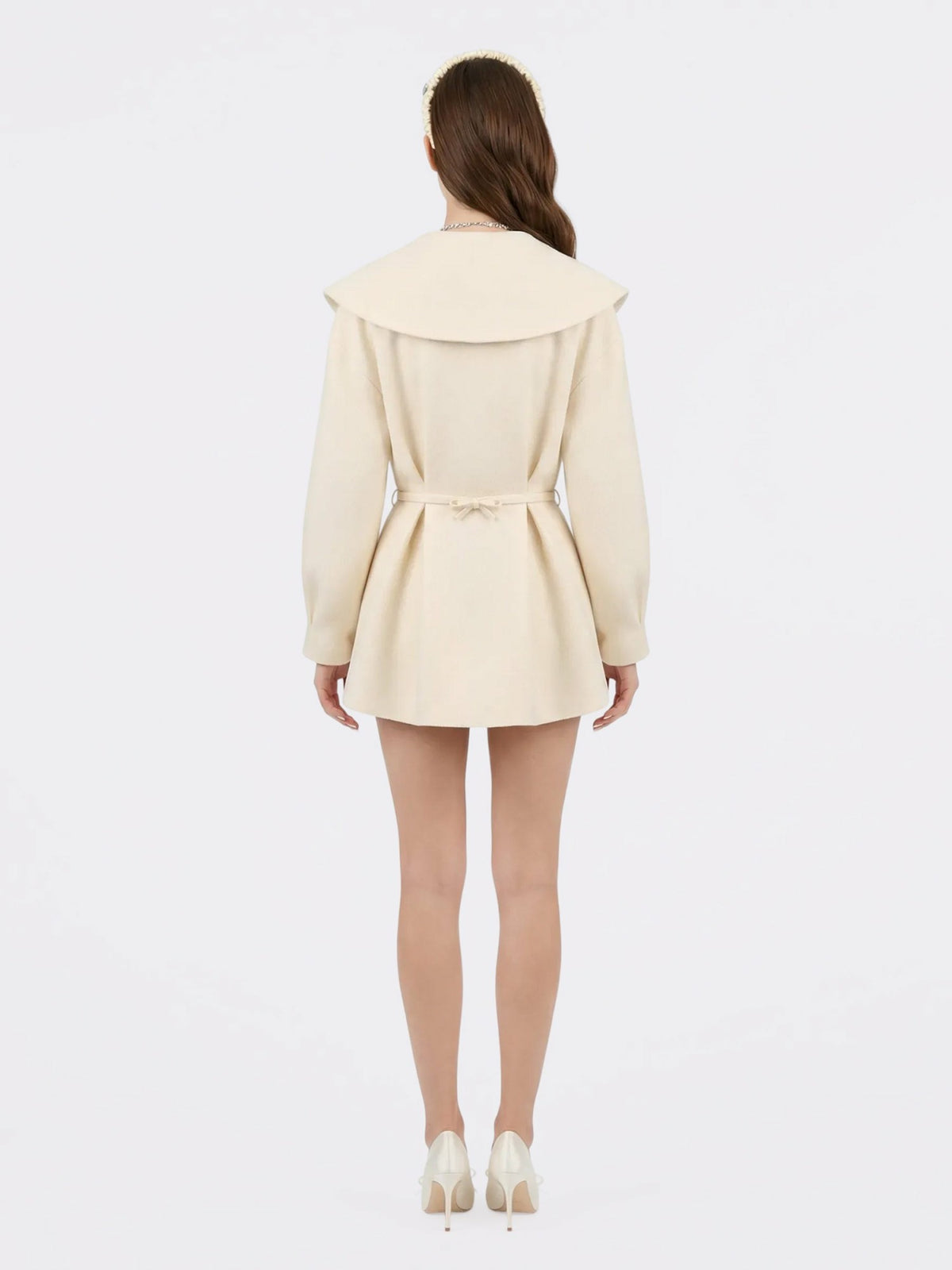 Ivory Wool-Blend Coat with Bow-Back - Nana Jacqueline