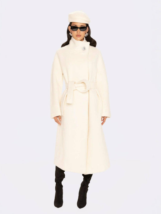 Audrey Long Coat: Off White Coat for Winter Wedding Guest - Nana Jacqueline