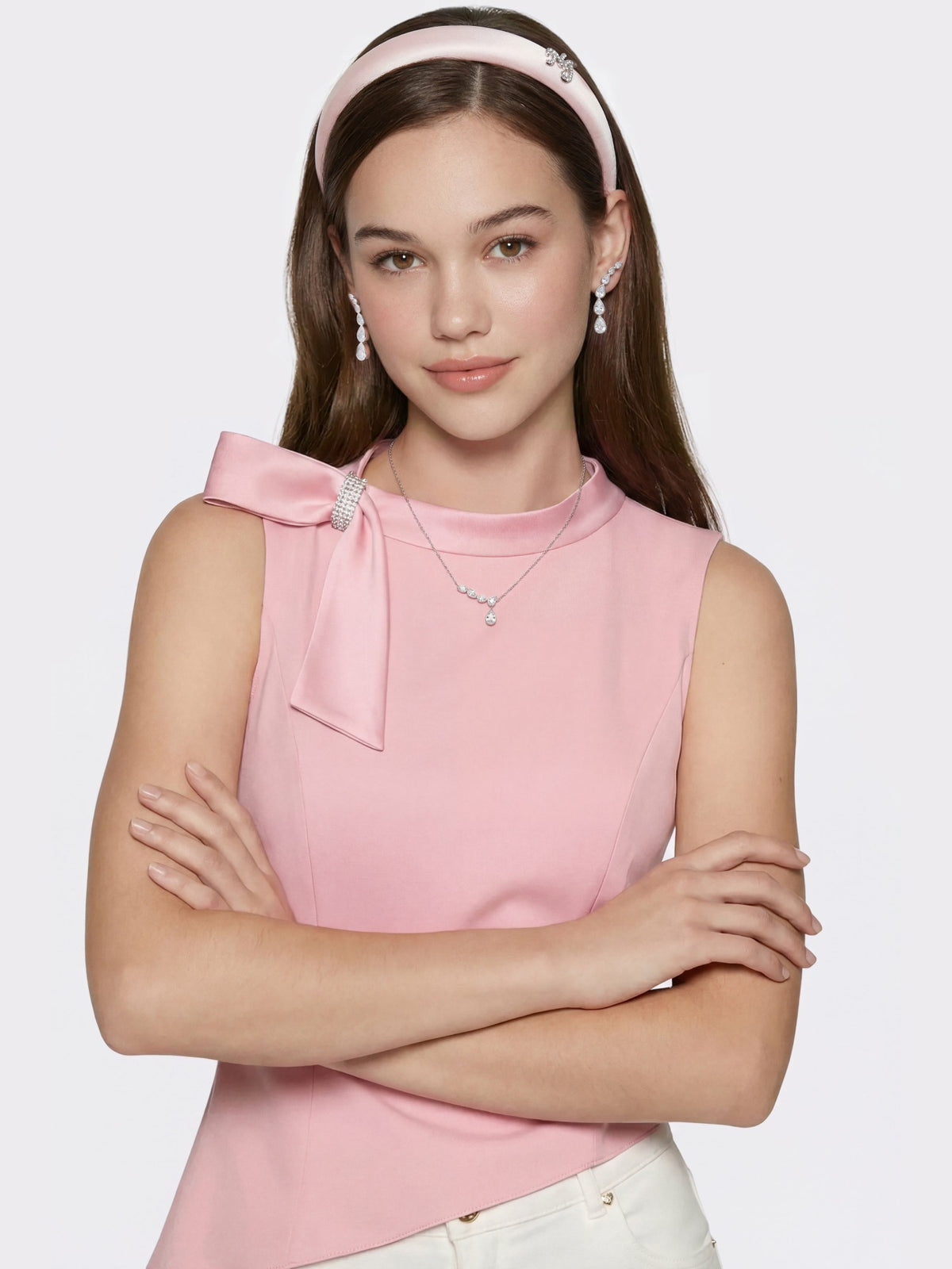 Pink Satin Asymmetrical Top with Crystal Bow - Nana Jacqueline