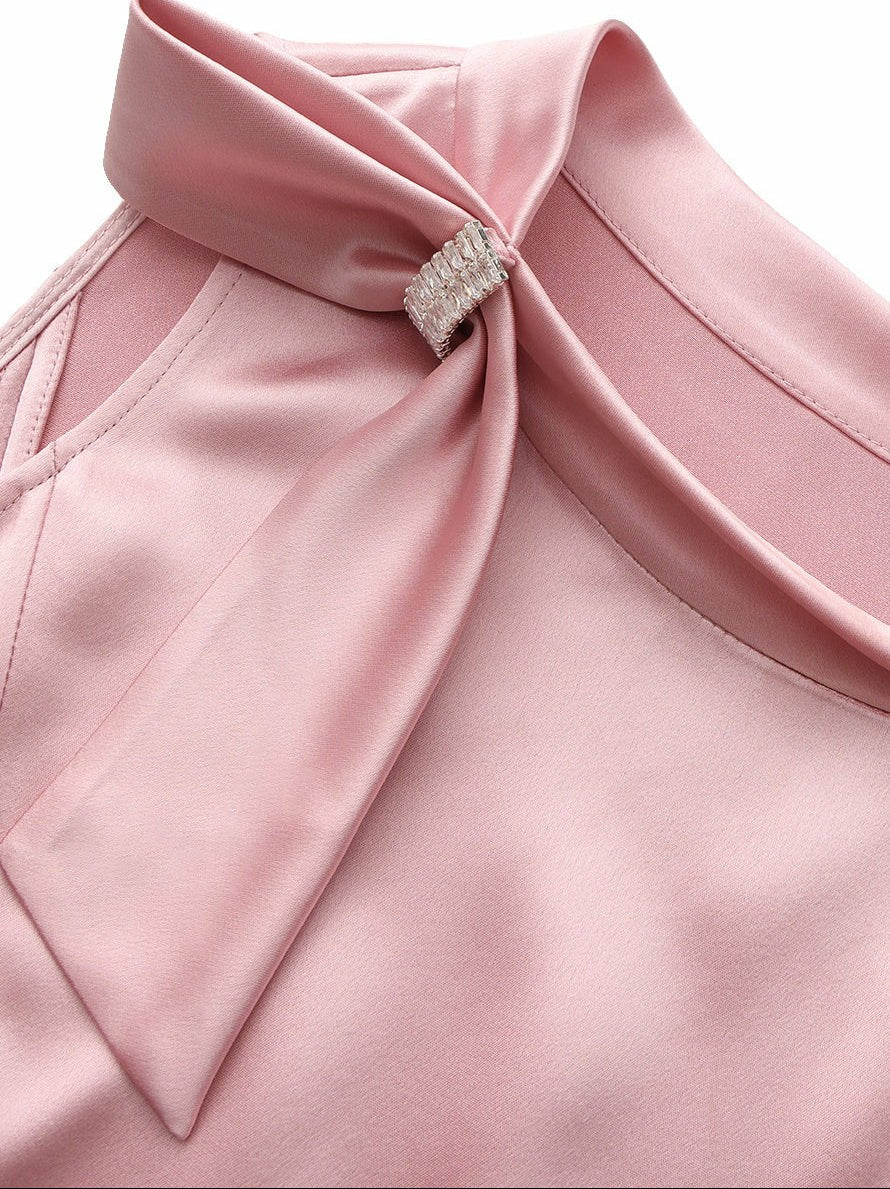 Pink Satin Asymmetrical Top with Crystal Bow - Nana Jacqueline