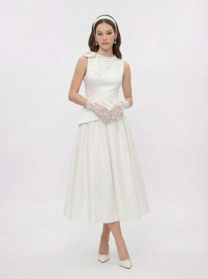 White Satin Asymmetrical Top with Crystal Bow - Nana Jacqueline