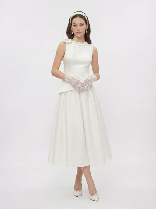 White Satin Asymmetrical Top with Crystal Bow - Nana Jacqueline