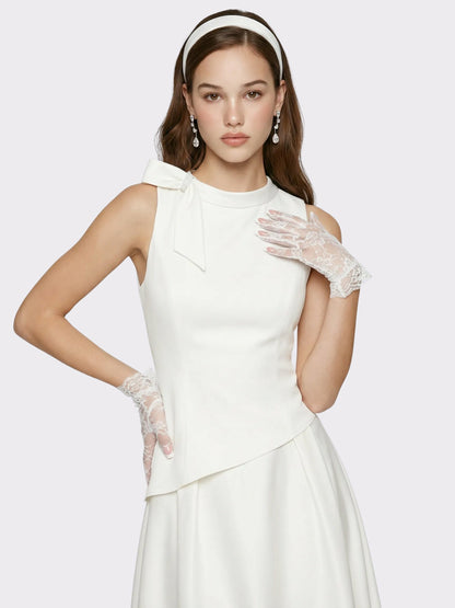 White Satin Asymmetrical Top with Crystal Bow - Nana Jacqueline
