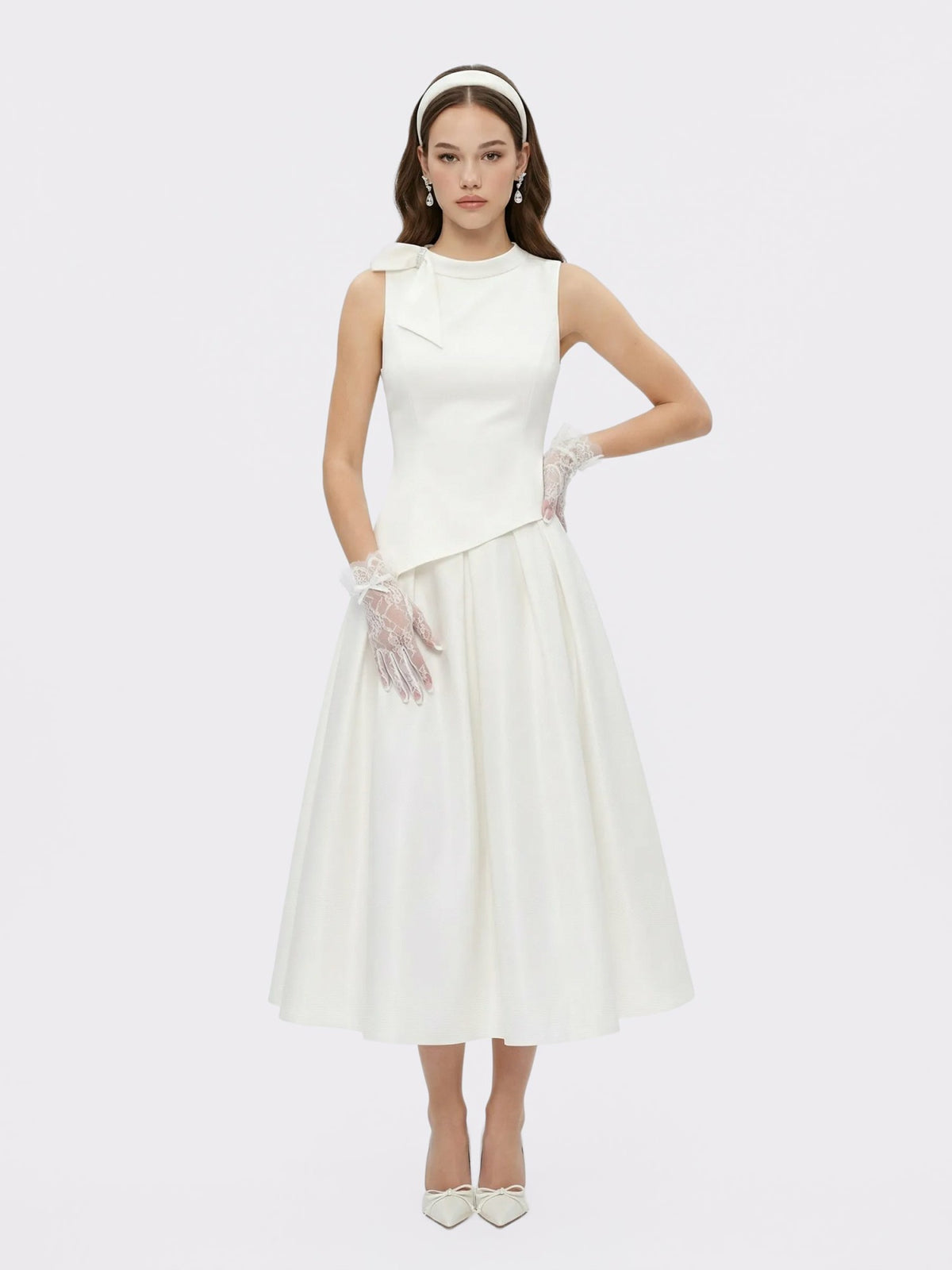 White Satin Asymmetrical Top with Crystal Bow - Nana Jacqueline