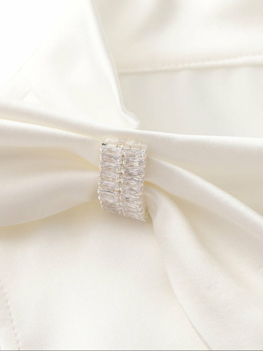 White Satin Asymmetrical Top with Crystal Bow - Nana Jacqueline