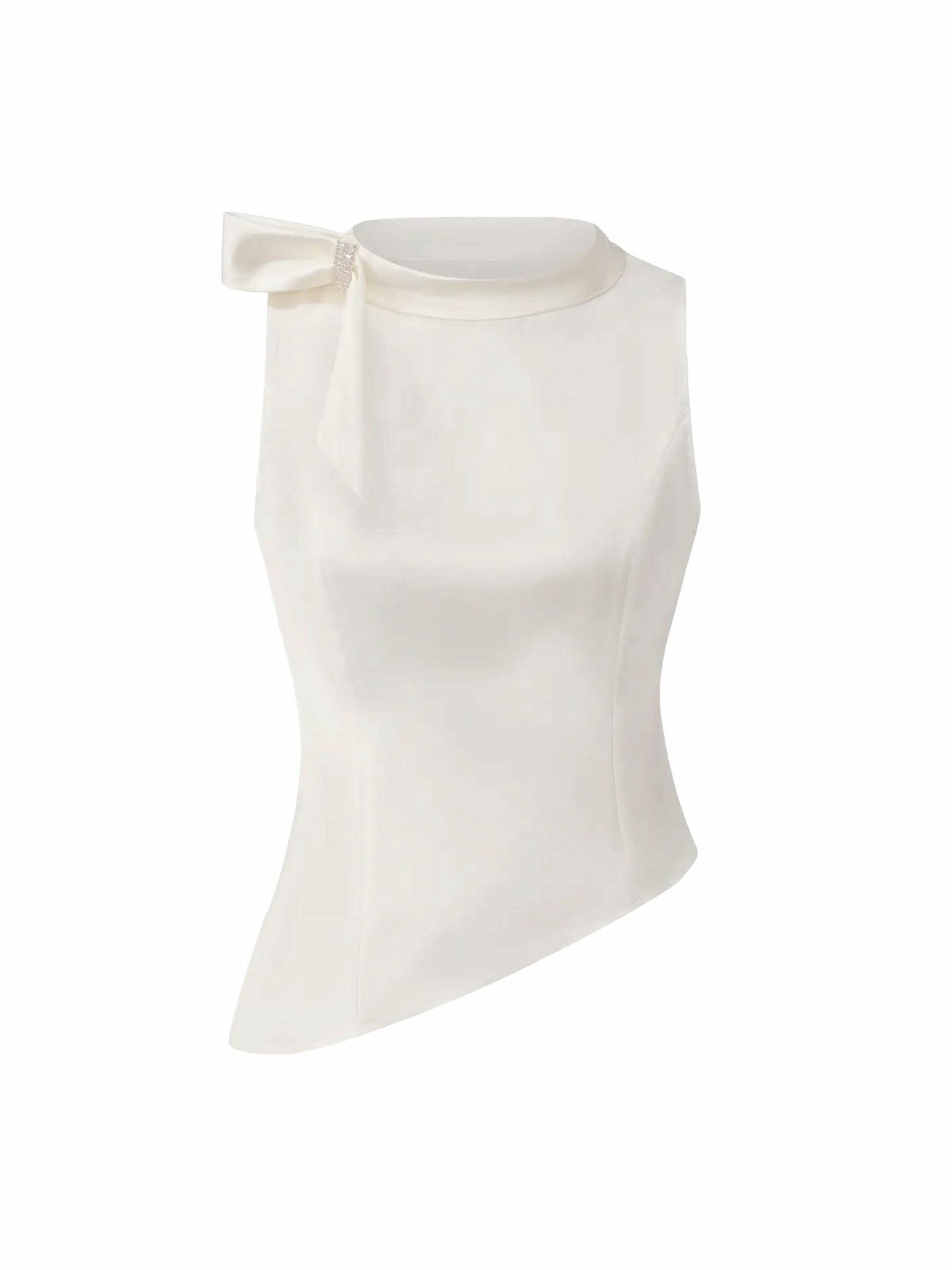 White Satin Asymmetrical Top with Crystal Bow - Nana Jacqueline