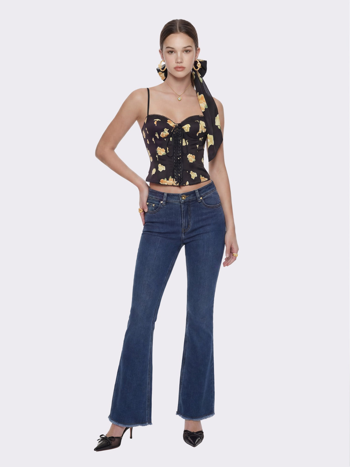 Mila Lace-Up Corset Black Floral Top - Nana Jacqueline