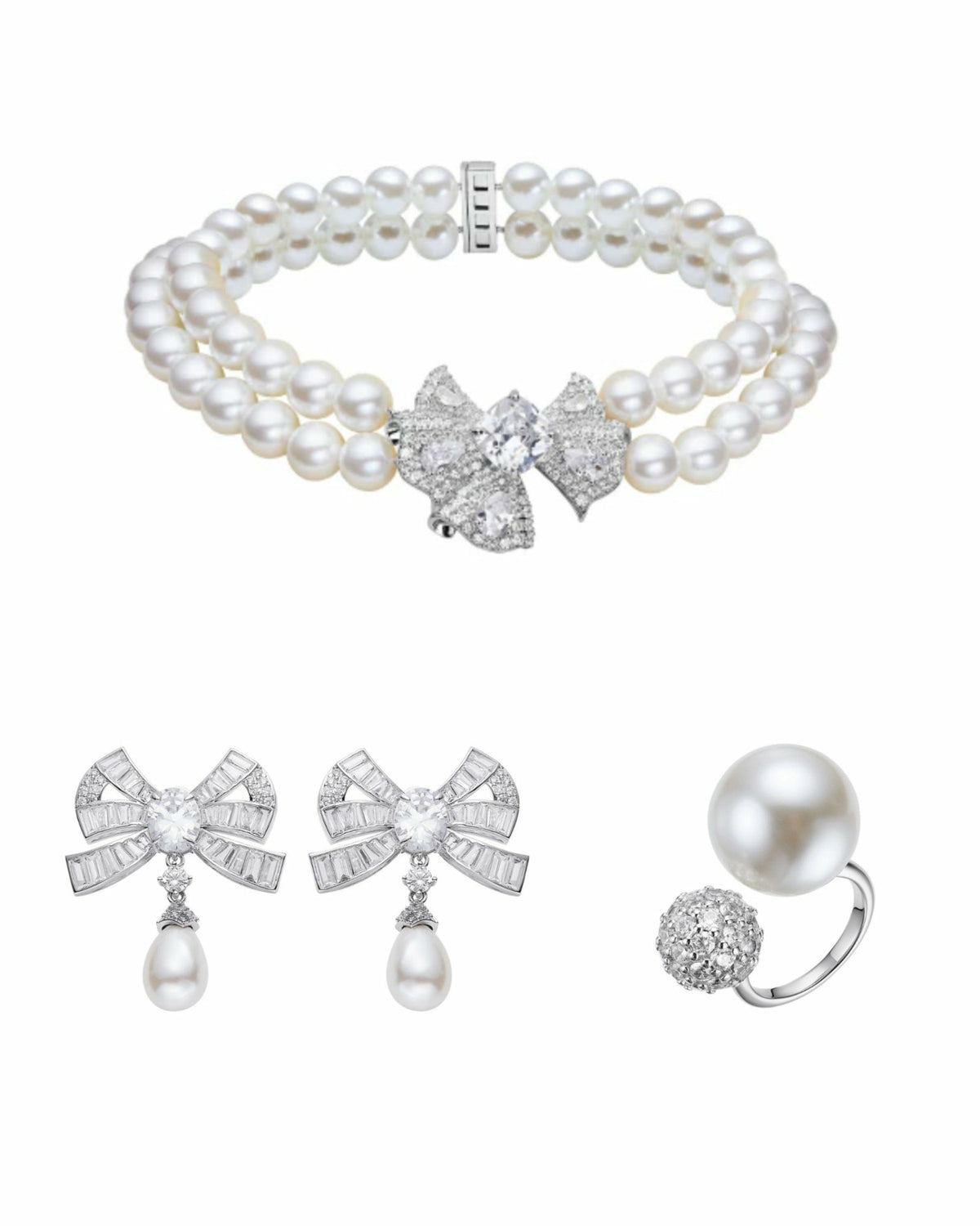The Pearl & Diamonds Set: White Jewelry Set for Bridal Shower - Nana Jacqueline