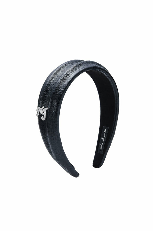 Black Leather Headband with Crystal Detail - Nana Jacqueline