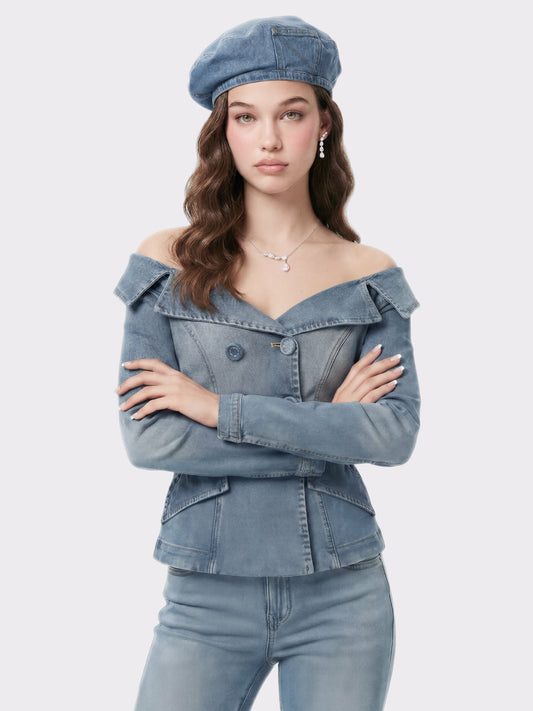 Light Blue Denim Double-Breasted Tailored Top - Nana Jacqueline