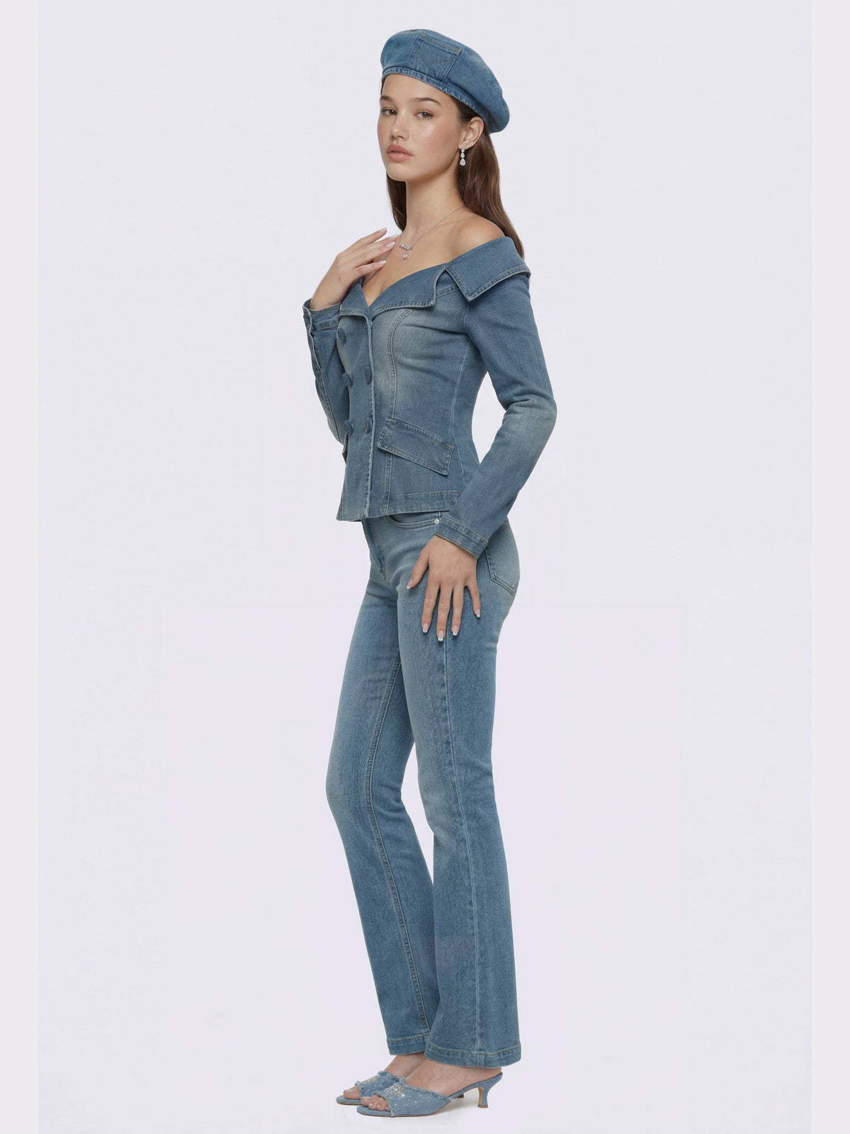 Light Blue Denim Double-Breasted Tailored Top - Nana Jacqueline